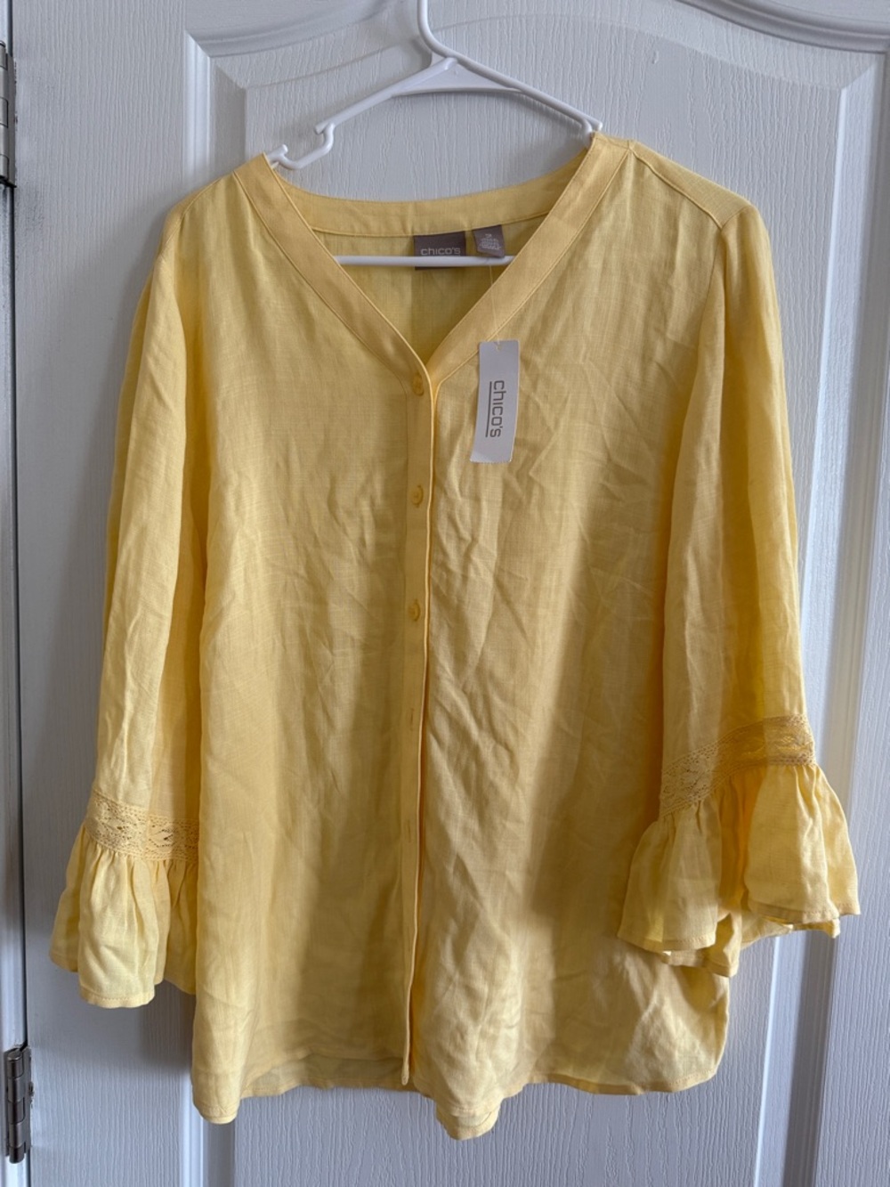 Chico's Soft Yellow Button-Front Ruffle Sleeve Blouse